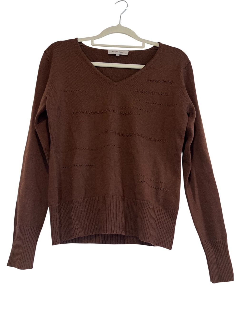 Michel René Brown 100% Wool V-Neck Sweater Large Textured Knit Pullover Earthy
